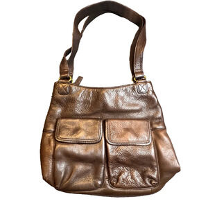 Leather Shoulder Bag Bucket Brown Soft Purse Double Handle Divider Lined Classic